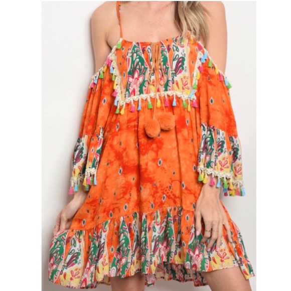 IntoCute Dresses & Skirts - Orange Boho Cold Shoulder Dress